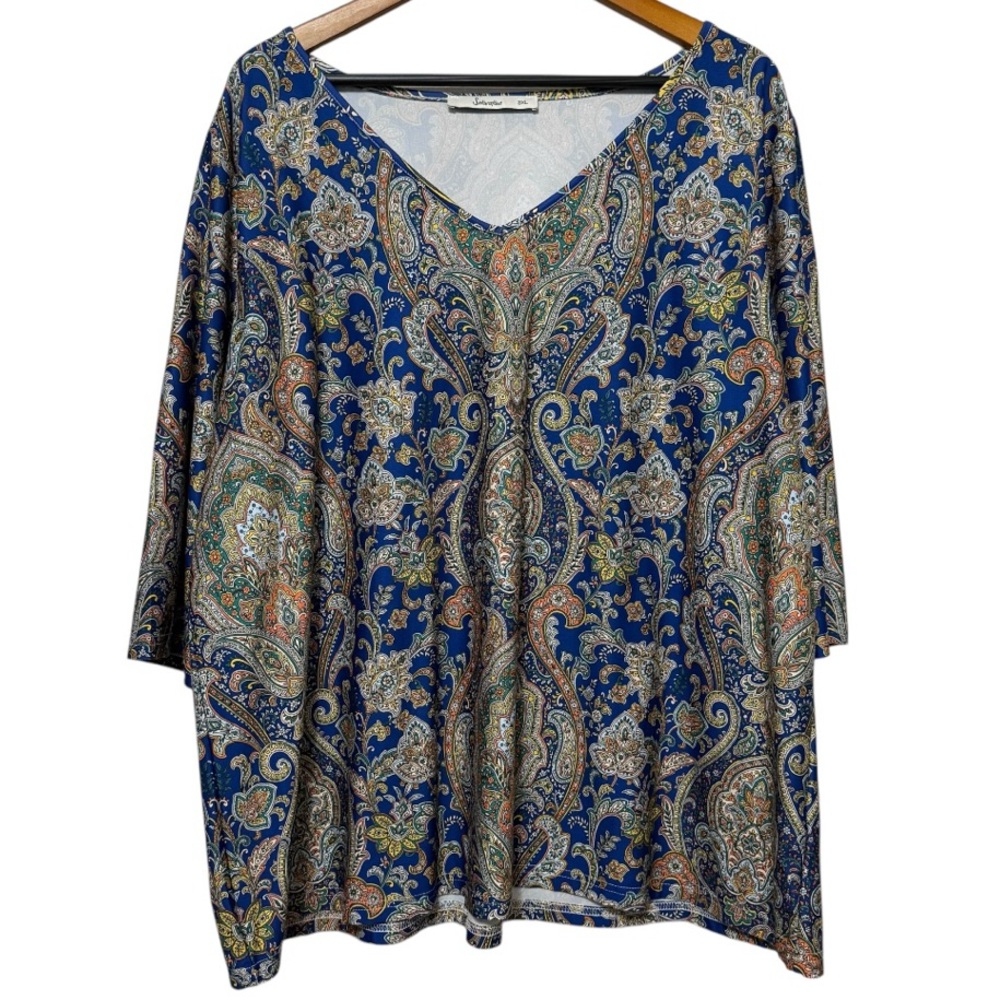 Sakurafina Paisley Print Long Sleeve V Neck Blouse Women’s Size 3XL